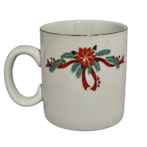 Poinsettia & Ribbons Christmas Coffee Mug Cup Gold Trim Holiday Floral Porcelain